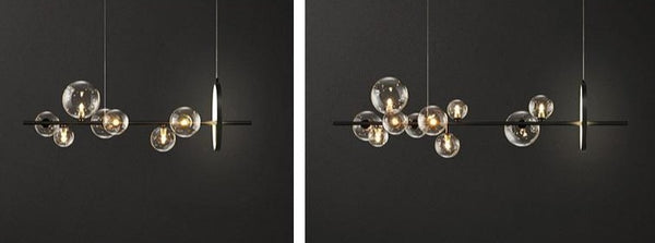 Lights of Scandinavia - Macrocosm - Modern hanging glass ball LED lighting. Nordic style chandelier for dining rooms, bars, restaurants or why not at the coffee shop? 2 sizes - 90 or 120cm width. 7 Heads - Width 90cm, Height 30cm, 7x5W + 17W 10 Heads - Width 100cm, Height 30cm, 10x5W + 17W